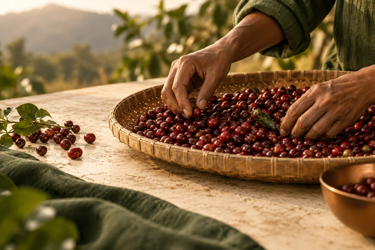 Selección de cerezas de café en una bandeja